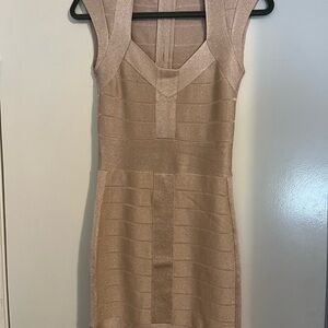 French Connection Tan Bodycon Mini Dress V-Neck Sleeveless